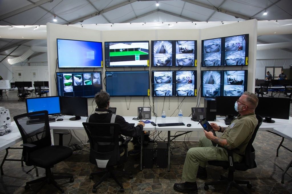 Operators watching live CCTV camera feeds on a wall of monitors